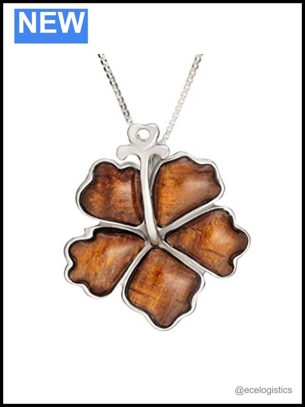 925 Sterling Silver Koa Wood Hibiscus Necklace Pendant 18" Chain